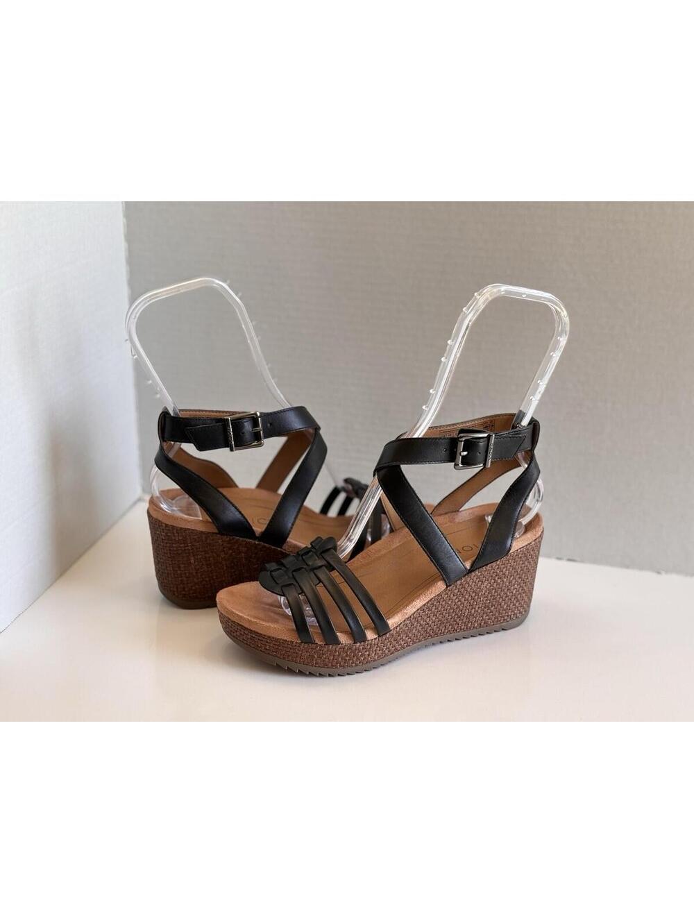 Vionic Clarisa Raffial Open Toe Wedge Sandals Sz 7 Black Leather Comfort Classic